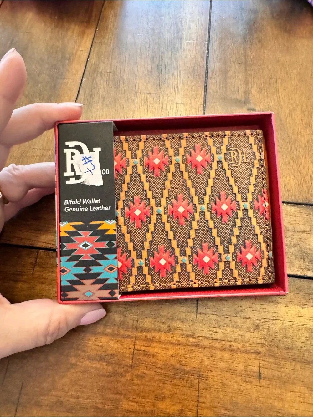 New Patterned Leather Bifold Wallet - Pink & Brown